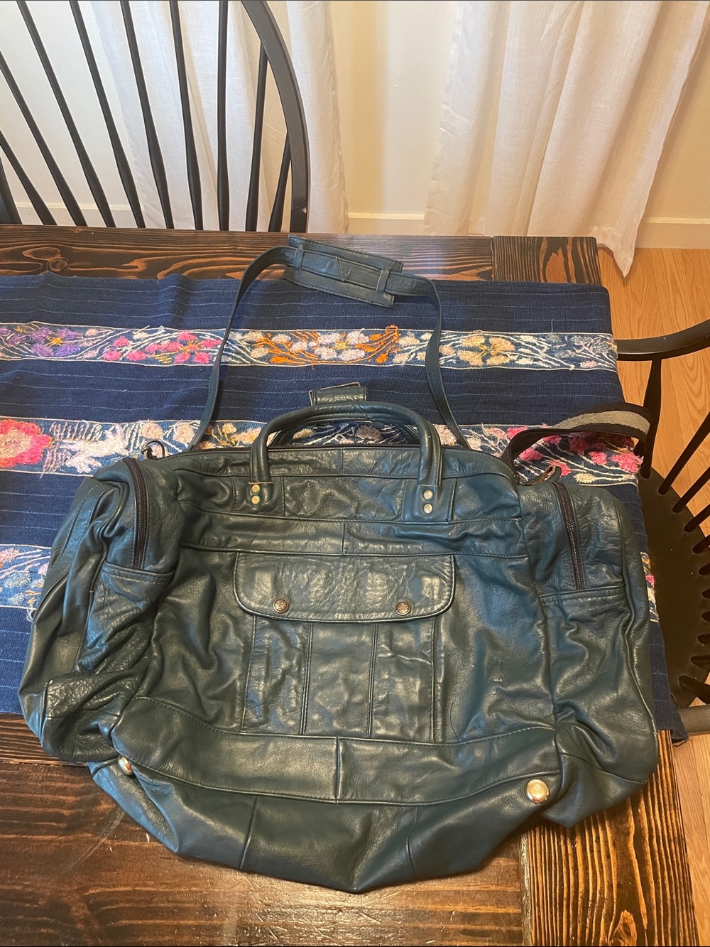 Hecho en Mexico Vintage Leather Weekender Tote Bag in Dark Teal Unisex